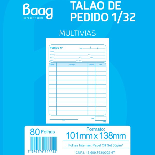 TALÃO DE PEDIDO 1/32 - 80 FOLHAS 1, 2, 3 VIAS