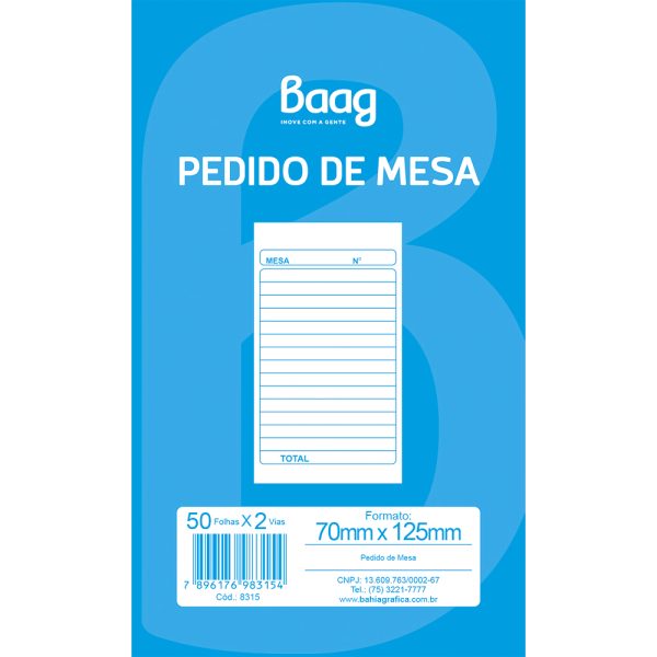 PEDIDO DE MESA 50X2 VIAS - 100 FOLHAS